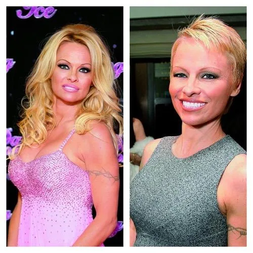 Two side-by-side images of a woman; left with long blonde hair and pink dress, right with short hair and sleeveless top.