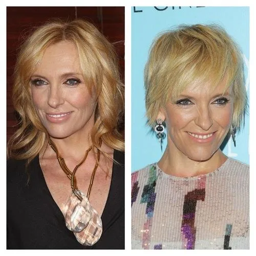 Two side-by-side images of the same woman with different hairstyles; one with wavy hair, the other with short, straight hair.
