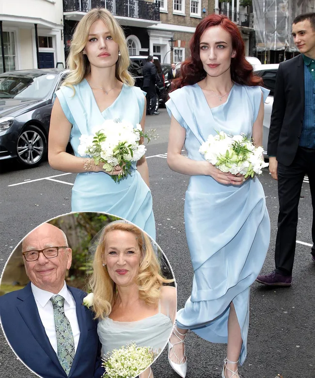Bridesmaids in light blue dresses holding bouquets with inset of a couple smiling.