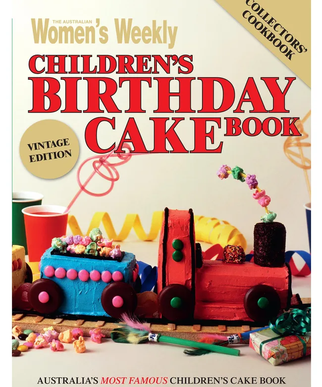 Cover of "The Australian Women's Weekly Children's Birthday Cake Book," featuring a colorful train cake.