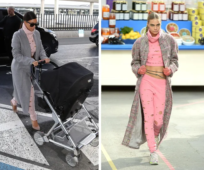 Woman in pink outfit with a gray coat pushing a stroller; another woman models similar outfit on a runway.