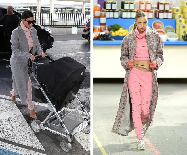 Woman in pink outfit with a gray coat pushing a stroller; another woman models similar outfit on a runway.