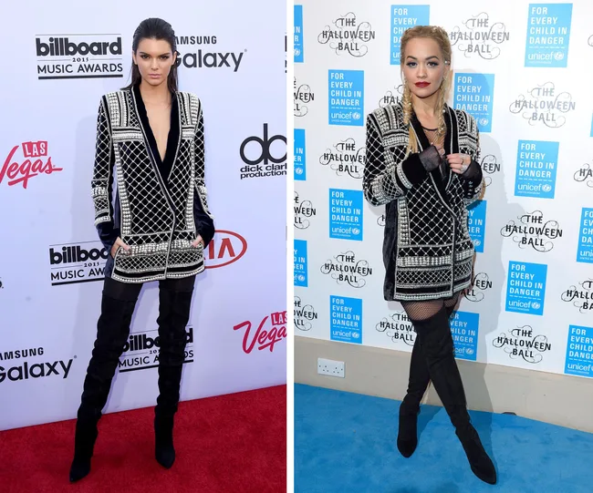 Two people wearing black and silver patterned outfits with thigh-high boots at separate events with media backdrops.