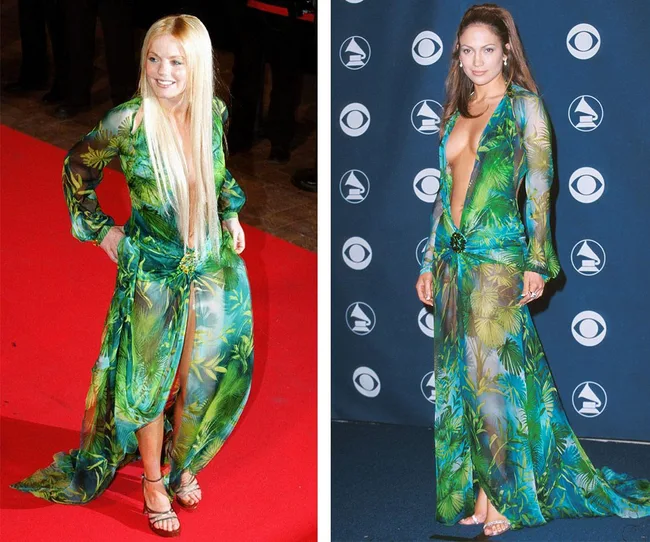Two women in similar green, tropical-print dresses, one on a red carpet and the other at an event with a blue backdrop.
