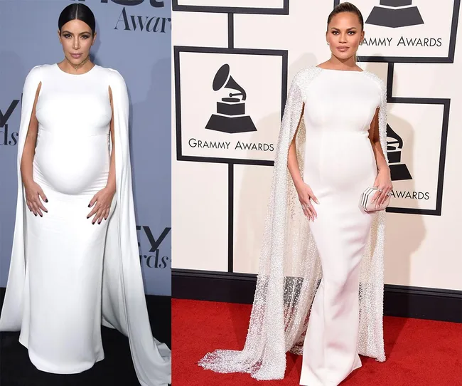 Two women in white gowns with capes at formal events, posing on the red carpet.