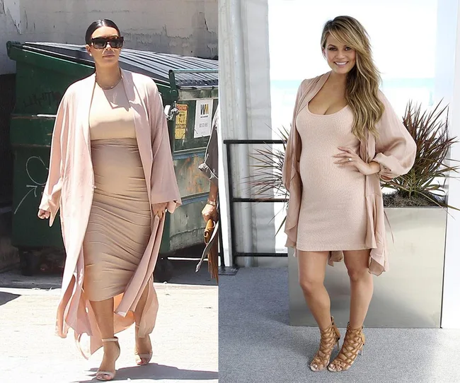 Two women in beige dresses and pink coats, one walking outside with sunglasses, the other smiling indoors.