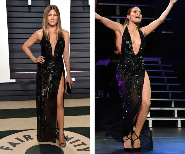 Two women in black sequin gowns with thigh-high slits; one posing, the other performing on stage.