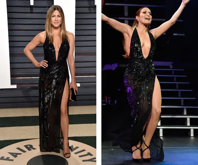 Two women in black sequin gowns with thigh-high slits; one posing, the other performing on stage.