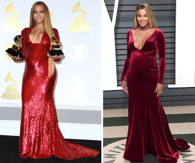 Two women in elegant red gowns; one holds Grammy awards, the other poses on a red carpet.