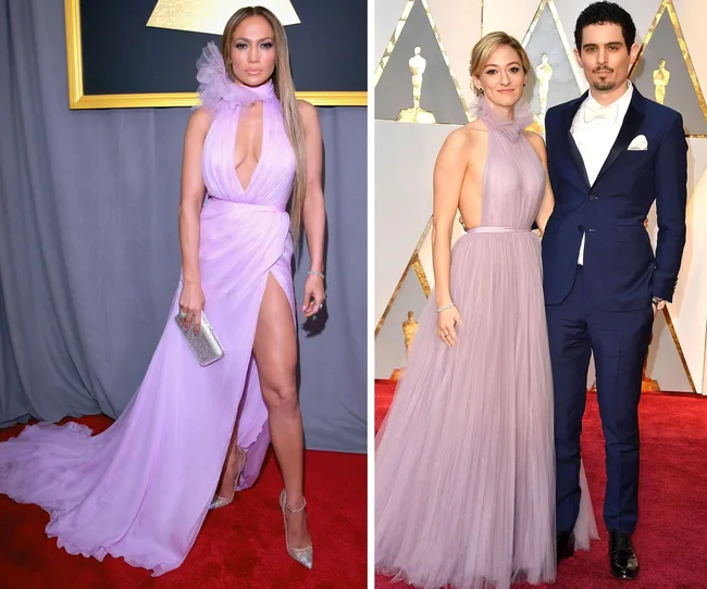 A woman in a flowing lavender gown holds a clutch; a couple stands beside her, the woman in a similar gown, man in a suit.