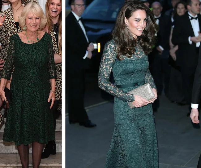 Two women in elegant green lace dresses at separate events, smiling.