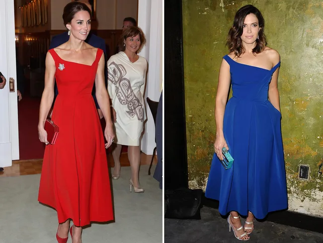 Two women wearing elegant dresses: one in red with a clutch, the other in blue with a purse, both posing indoors.