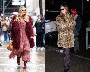 Heidi Klum, Hailey Bieber and Sabrina Carpenter, all wearing long fluffy winter coats