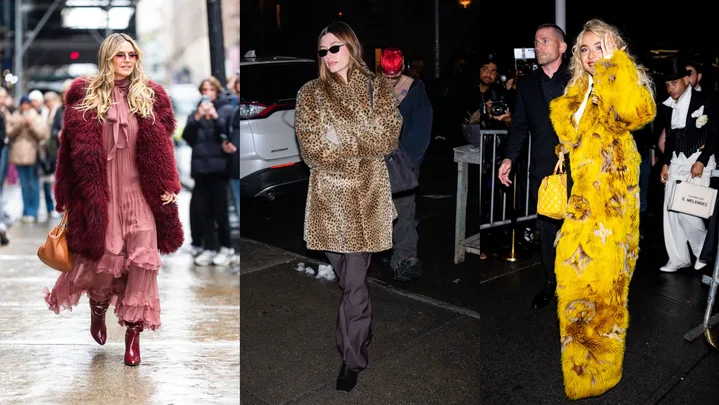 Heidi Klum, Hailey Bieber and Sabrina Carpenter, all wearing long fluffy winter coats