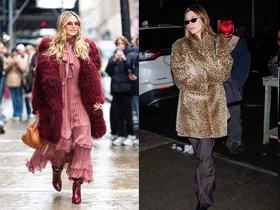 Heidi Klum, Hailey Bieber and Sabrina Carpenter, all wearing long fluffy winter coats