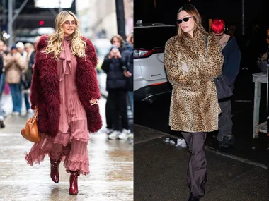 Heidi Klum, Hailey Bieber and Sabrina Carpenter, all wearing long fluffy winter coats