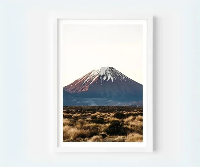 Framed photograph of Mount Ngauruhoe with a snow-capped peak, set against a pale sky, with dry grasslands in the foreground.