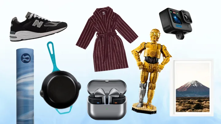 Various gift items including a sneaker, robe, camera, yoga mat, skillet, earbuds, robot, and mountain print.