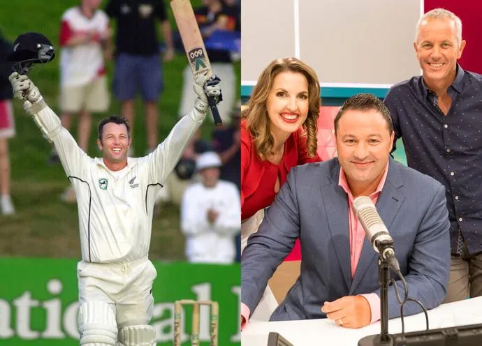 Collage photo of Mark playing cricket for the Black Caps and on The AM show with Duncan Garner and Amanda Gillies