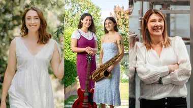 Three photos: a woman in a white dress outdoors, two women with instruments, and a woman in a white blouse indoors.