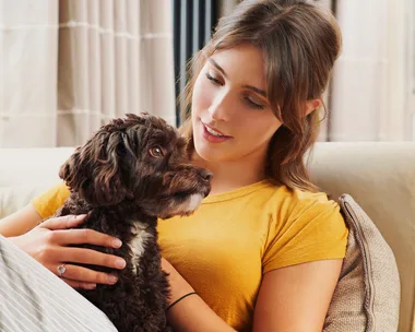 A woman in a yellow shirt lovingly holds a small, fluffy dog on a couch in a cozy living room.