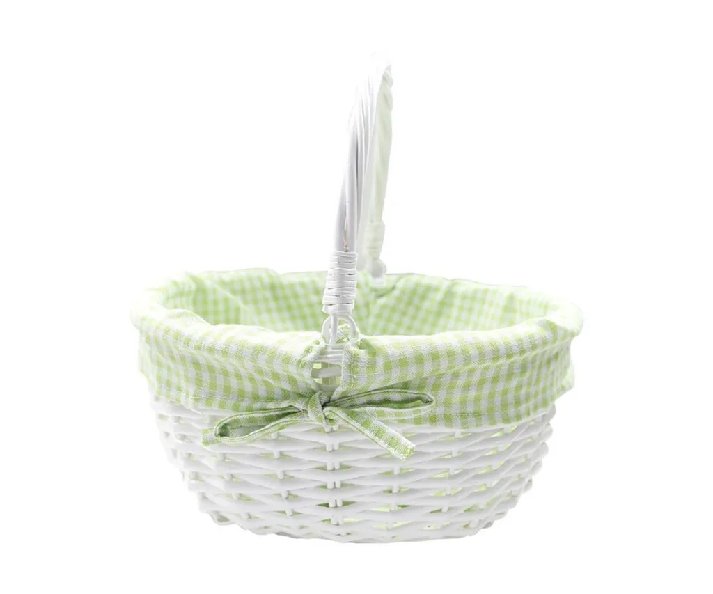 White wicker Easter basket with green gingham material inside