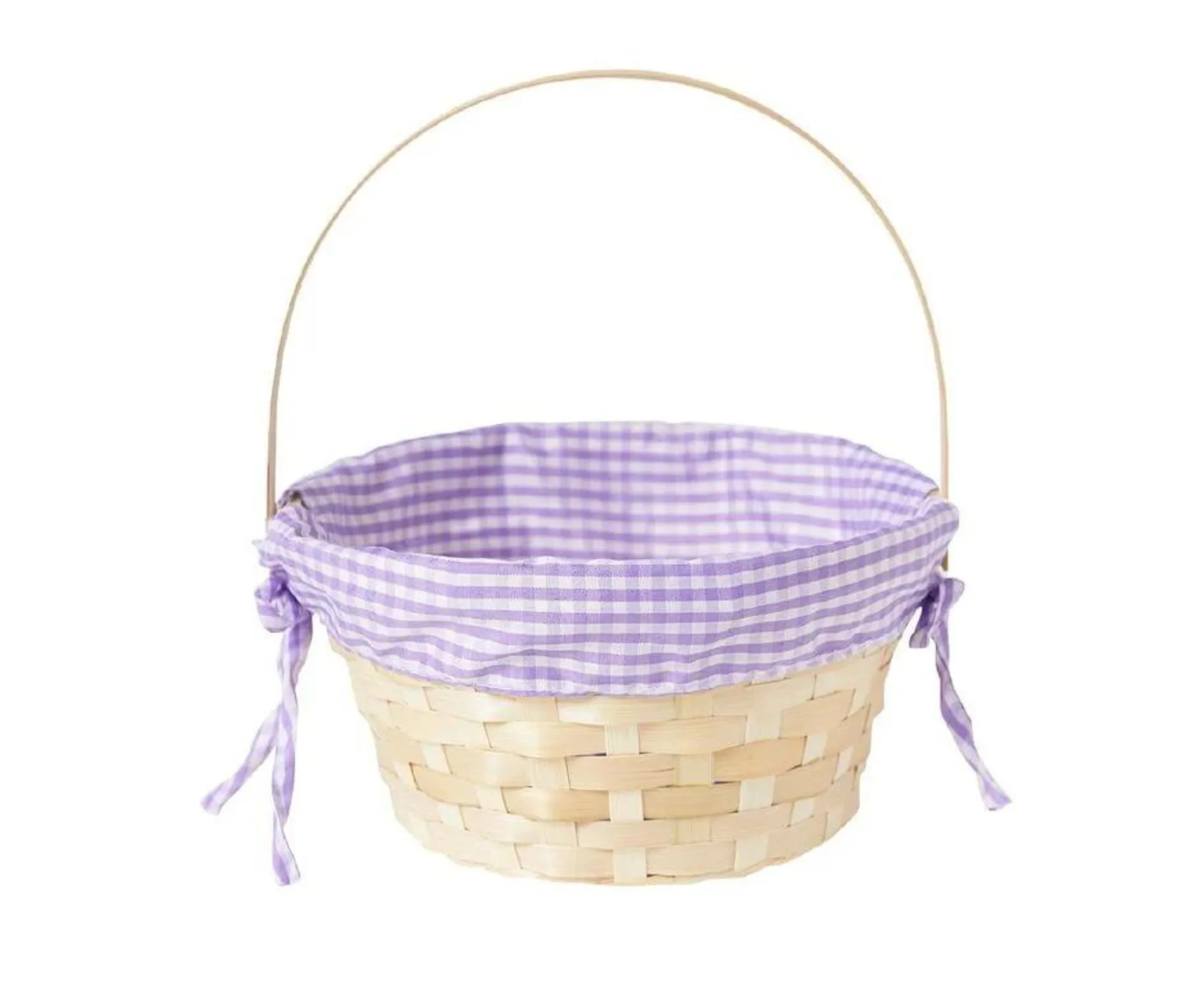 Bamboo Easter Basket with purple gingham fabric interior