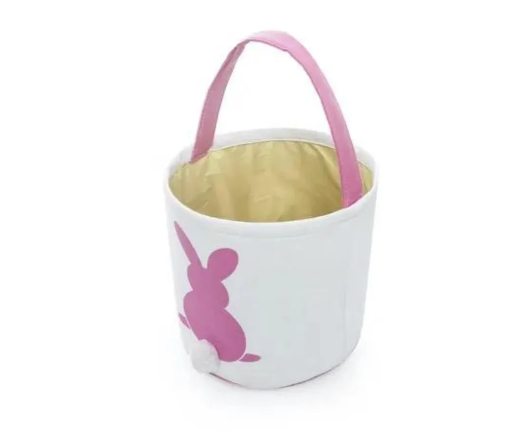 White and pink Easter basket with bunny stamp on front