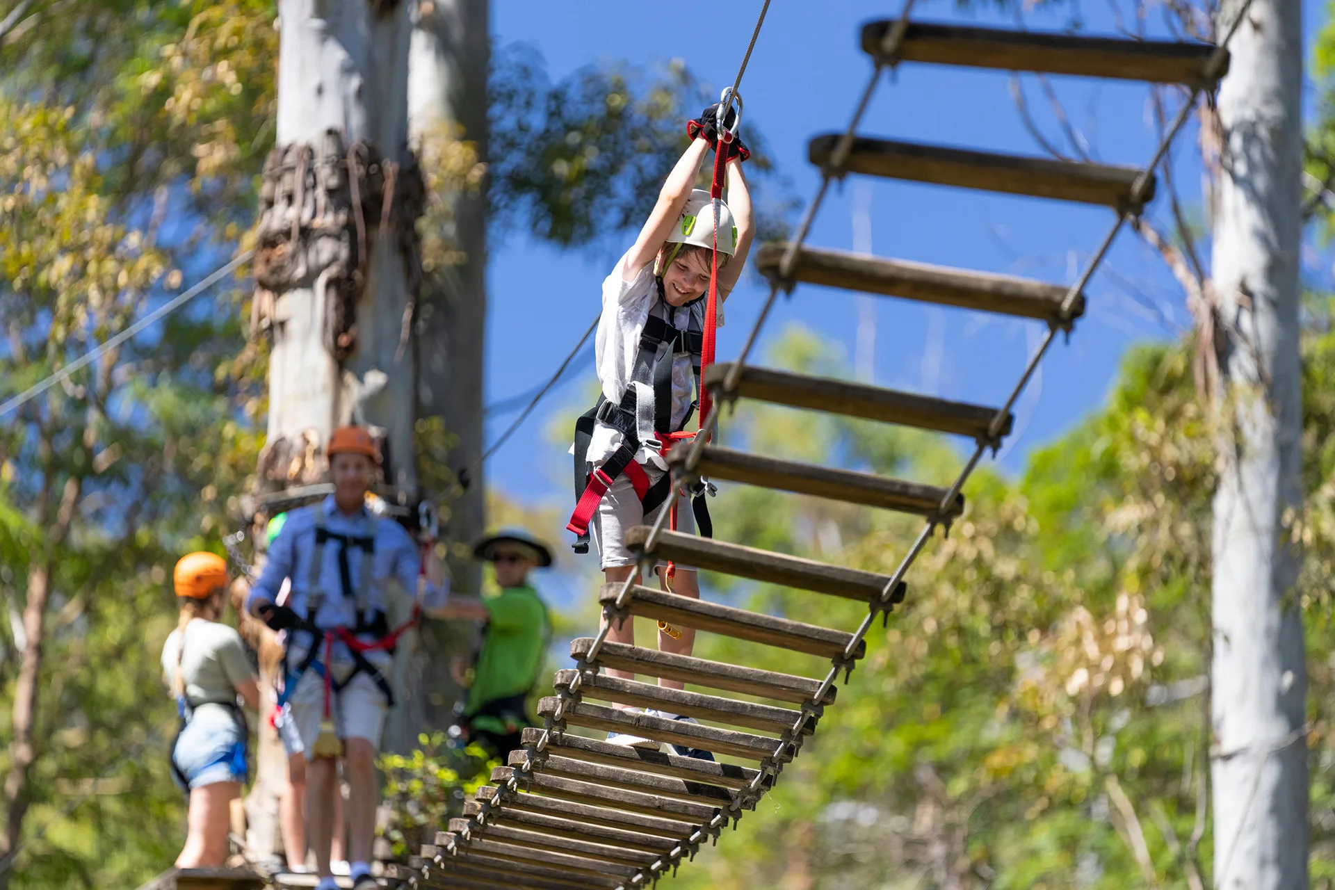 Family walking along a bridge at Treetop Challenge,