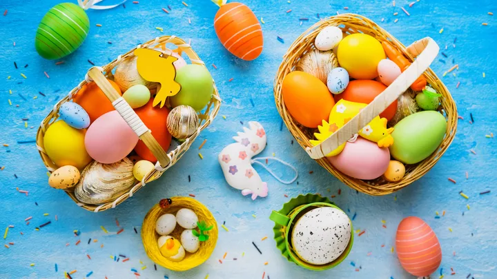 Easter baskets against a blue backdrop