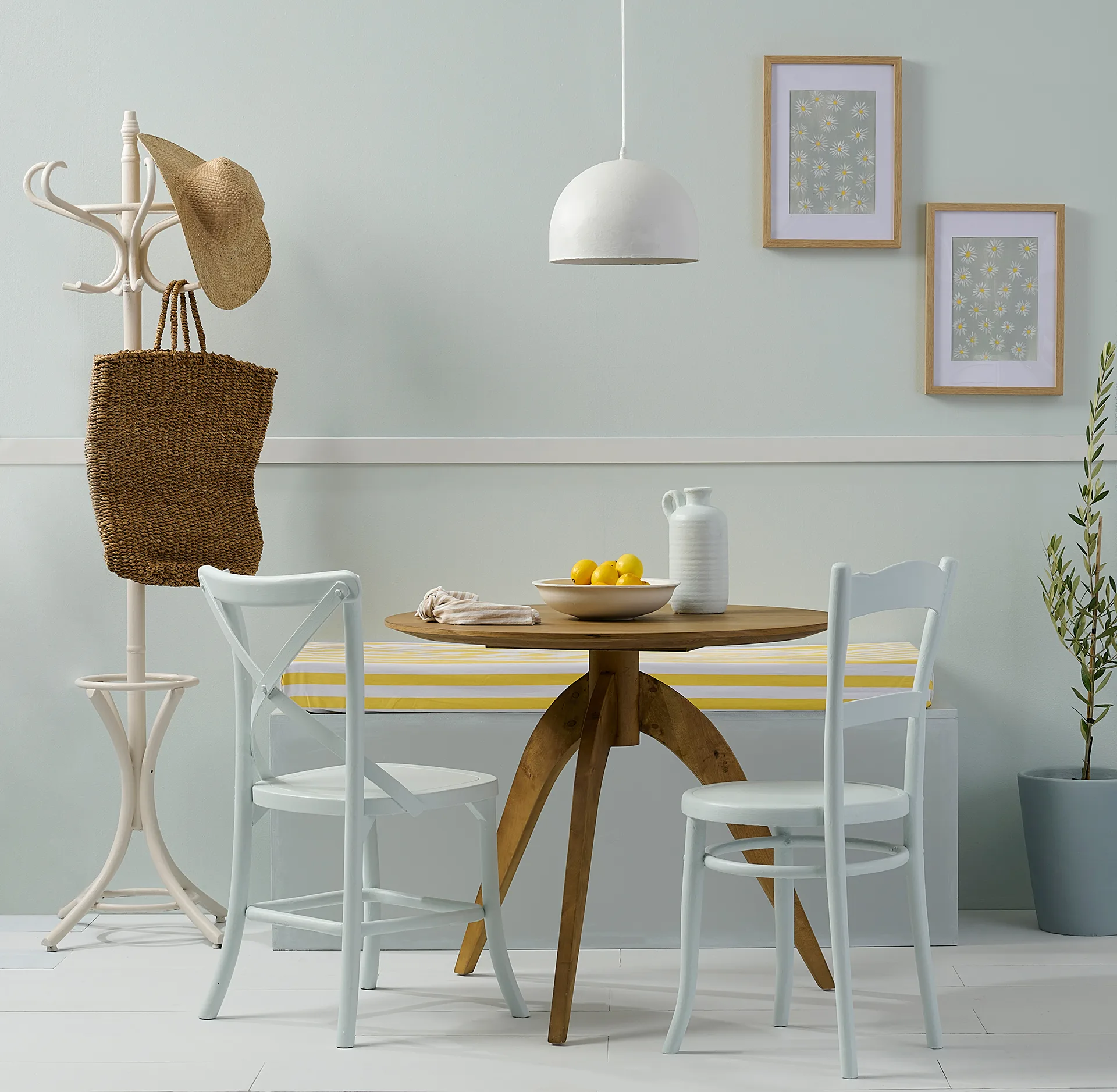 Breakfast room with a soft minty sky blue wall