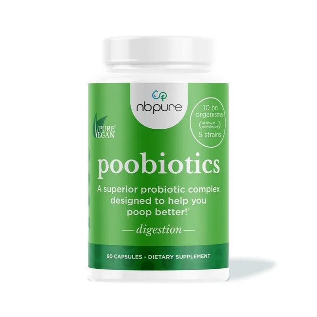 Bottle of nbpure Poobiotics probiotic supplement with green label promoting digestion, contains 60 vegan capsules.