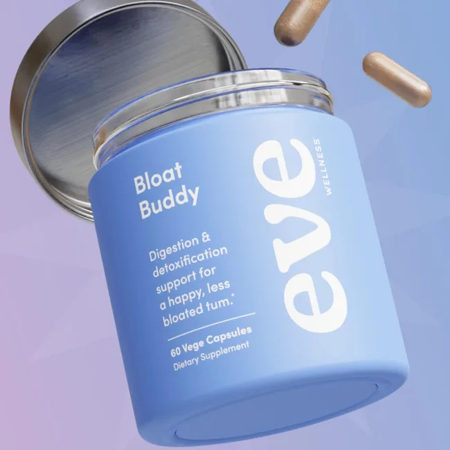 Alt text: "Eve Bloat Buddy supplement bottle with capsules on a blue background."