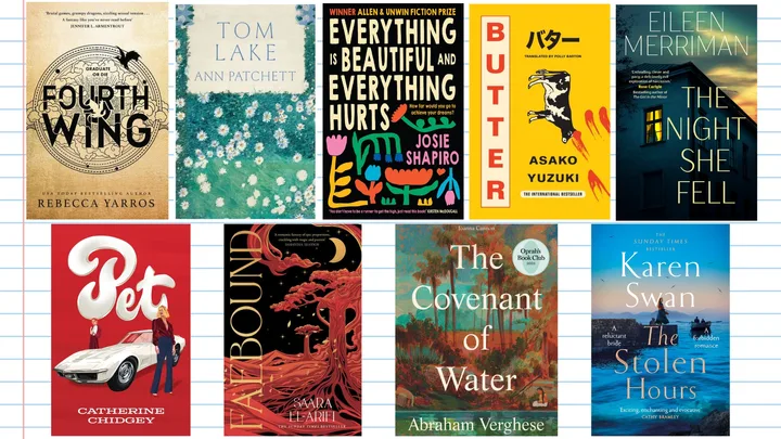 Book covers collage including "Fourth Wing," "Tom Lake," and others on a lined background.