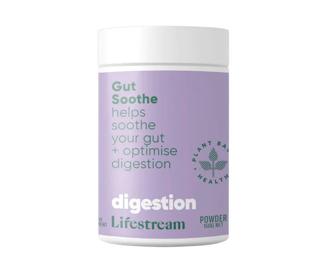 Lifestream Gut Soothe powder container with lavender label, promoting digestion support.