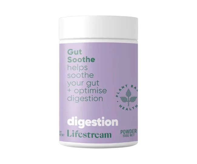 Lifestream Gut Soothe powder container with lavender label, promoting digestion support.