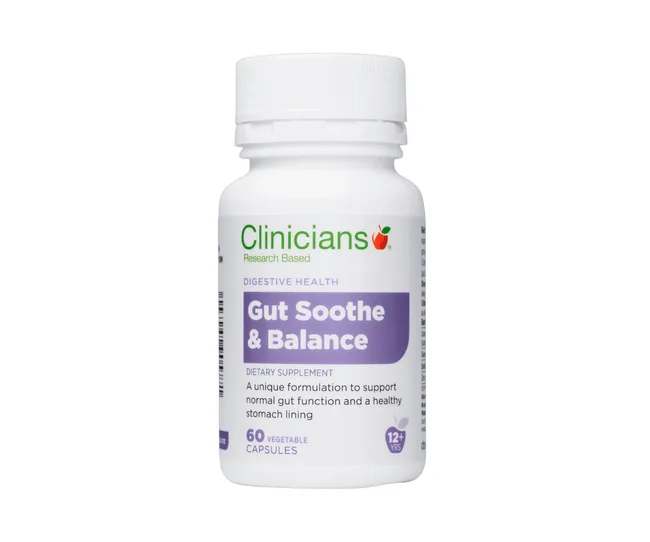 Clinicians Gut Soothe & Balance dietary supplement bottle with 60 capsules for gut health.