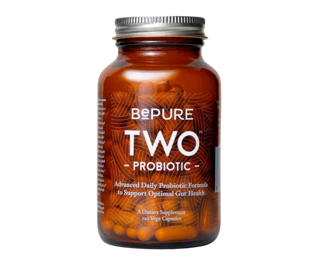 BePure Two Probiotic bottle with silver lid containing 120 vege capsules for gut health.