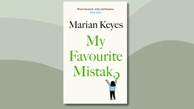 Cover of "My Favourite Mistake" by Marian Keyes, featuring a small figure in a striped shirt raising arms.