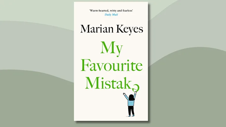 Cover of "My Favourite Mistake" by Marian Keyes, featuring a small figure in a striped shirt raising arms.