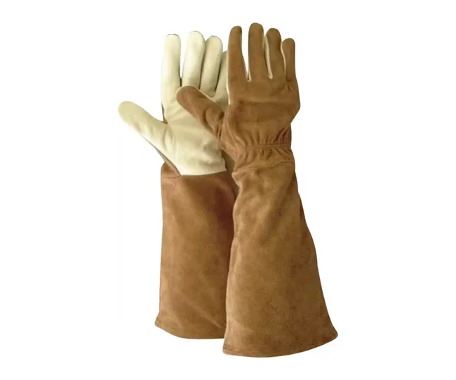 Brown and white welding gauntlets with long cuffs, displayed on a white background.