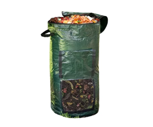 Green composting bag filled with organic waste, featuring a front flap for easy access.