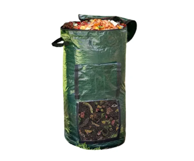 Green composting bag filled with organic waste, featuring a front flap for easy access.