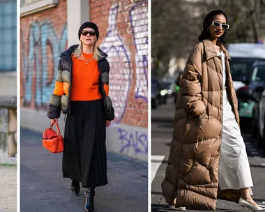 Women in stylish puffer coats: patterned, color-blocked, and beige, walking fashionably on city streets.