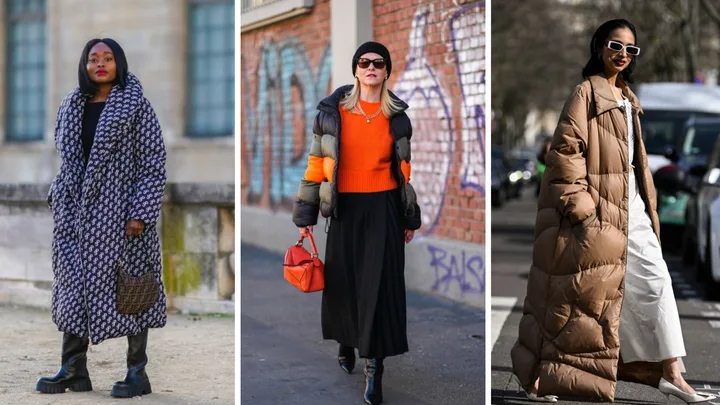 Women in stylish puffer coats: patterned, color-blocked, and beige, walking fashionably on city streets.