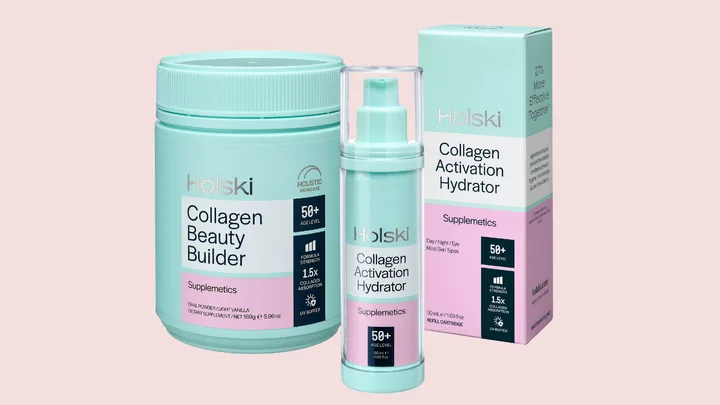 Holksi Collagen Beauty Builder and Activation Hydrator products, mint and pink packaging, age 50+ supplements.
