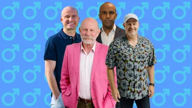 Four men standing against a blue background with male symbols.