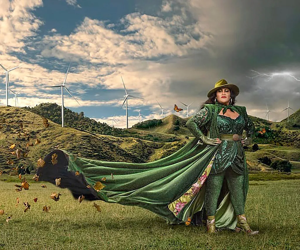 Bella dressed in green with a long green cape flowing from her back. There are windmills on the hills behind her