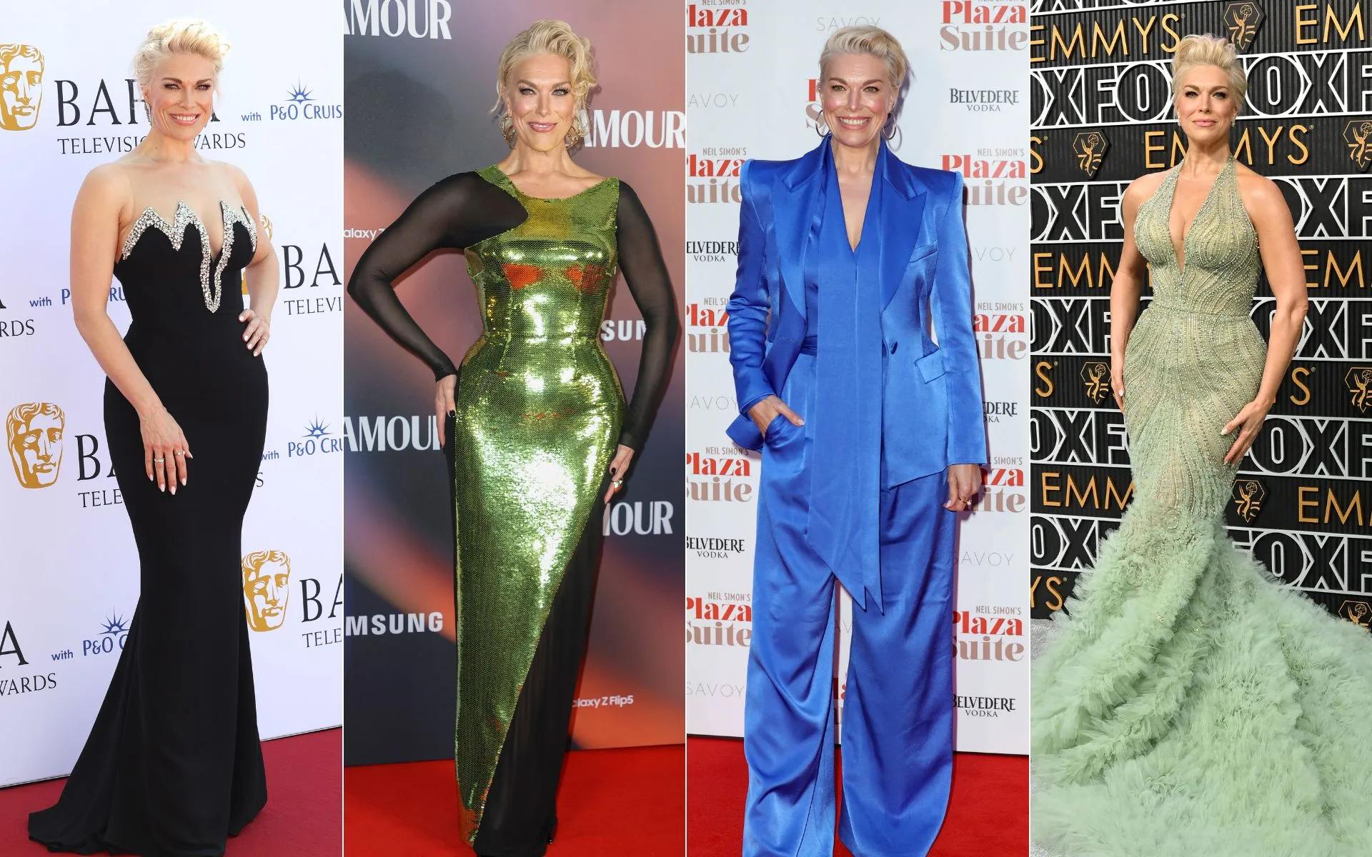 A collage of four of Hannah Waddingham's most extravagant red carpet looks.