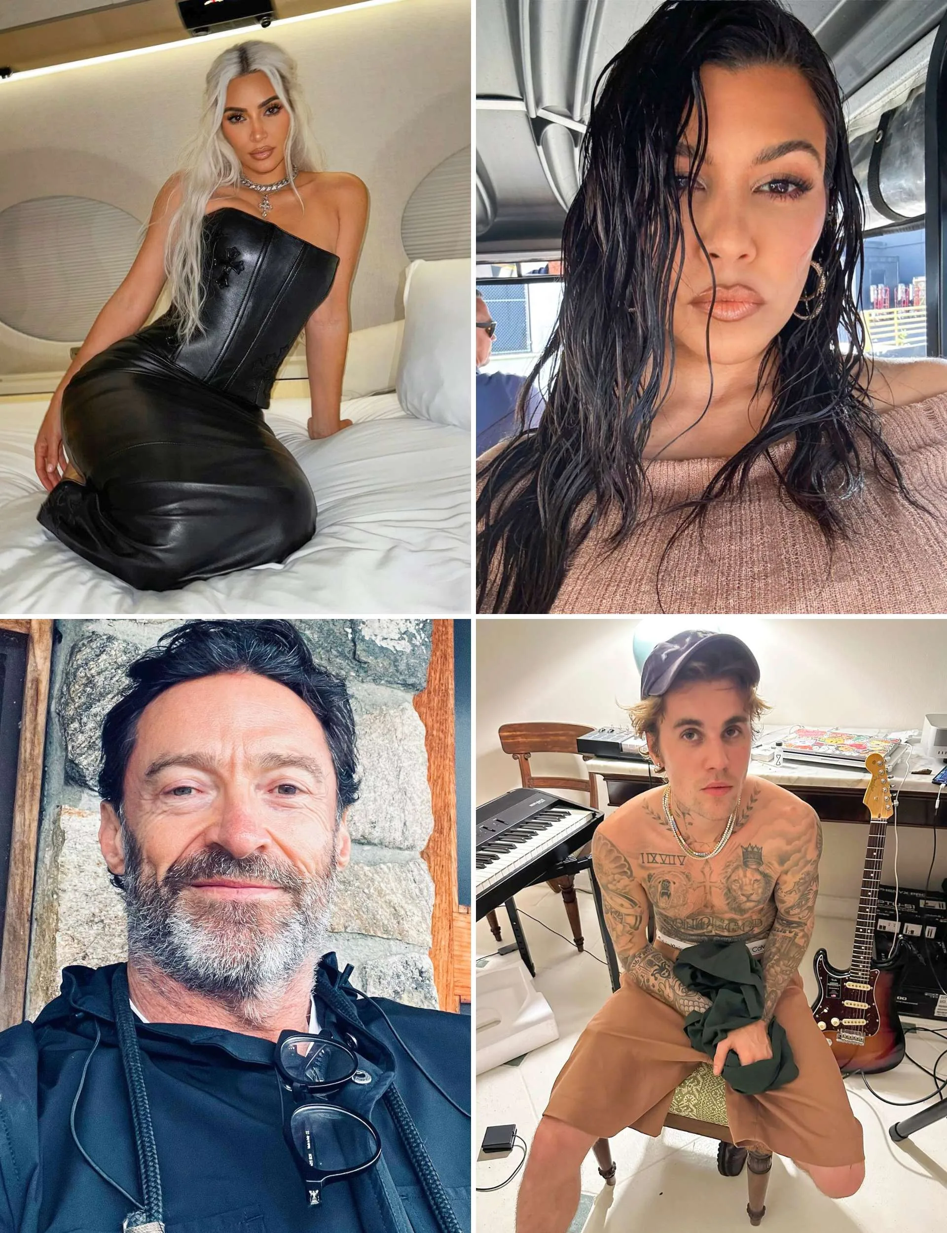 A collage of four images. One of each Kim and Kourtney Kardashian, Hugh Jackman and Justin Bieber.